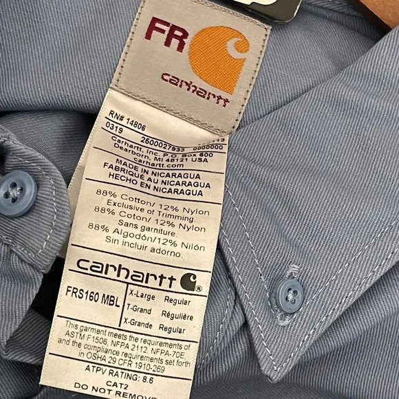 Carhartt Flame-Resistant Classic Twill Shirt FR NFPA 2112/CAT 2 Workwear XL NWT - Picture 5 of 8